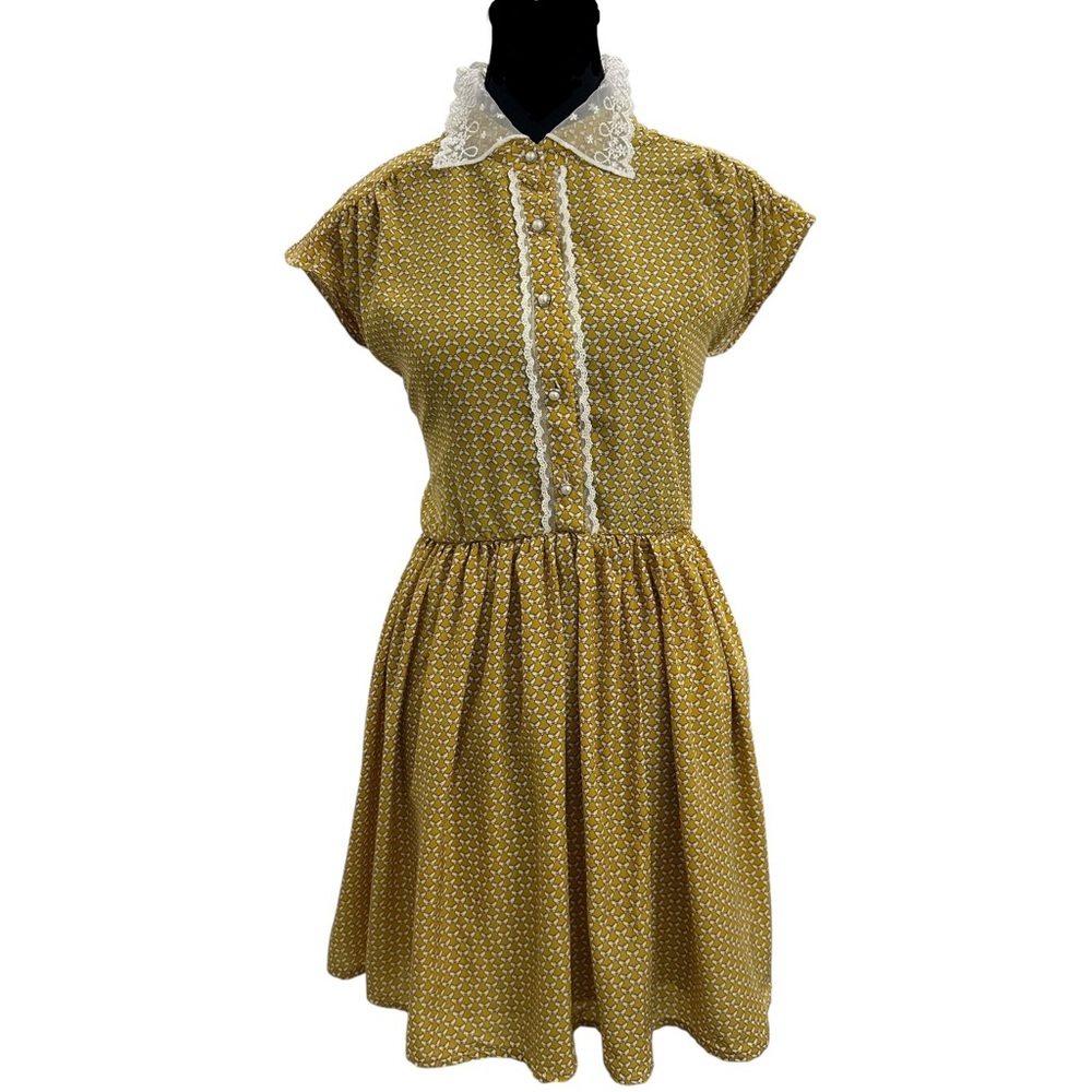 Diana Design by Seoul Mustard Dress with Lace Collar size M